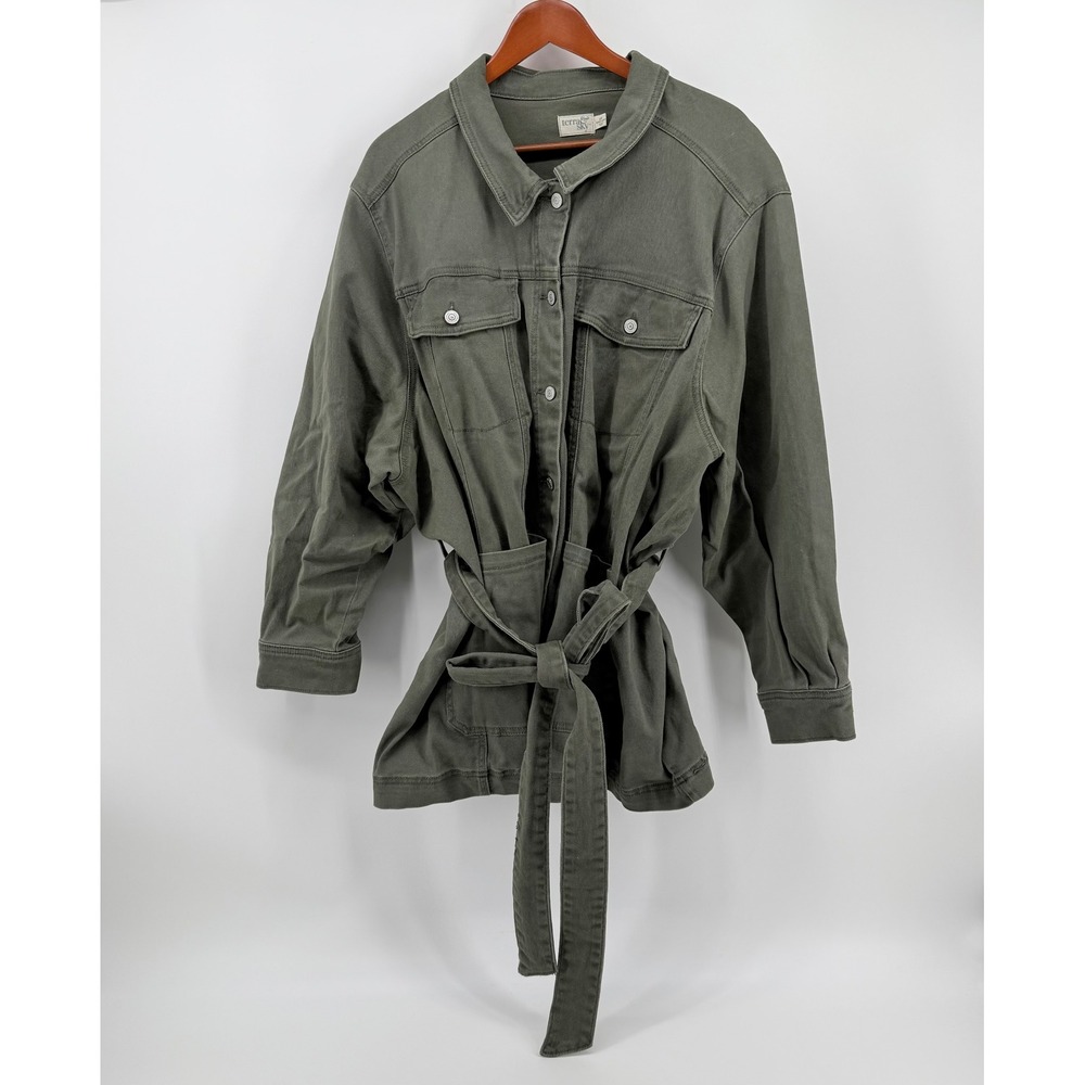 Terra & Sky Womens 4X Plus Size Utility Jacket Olive Green Belted Twill